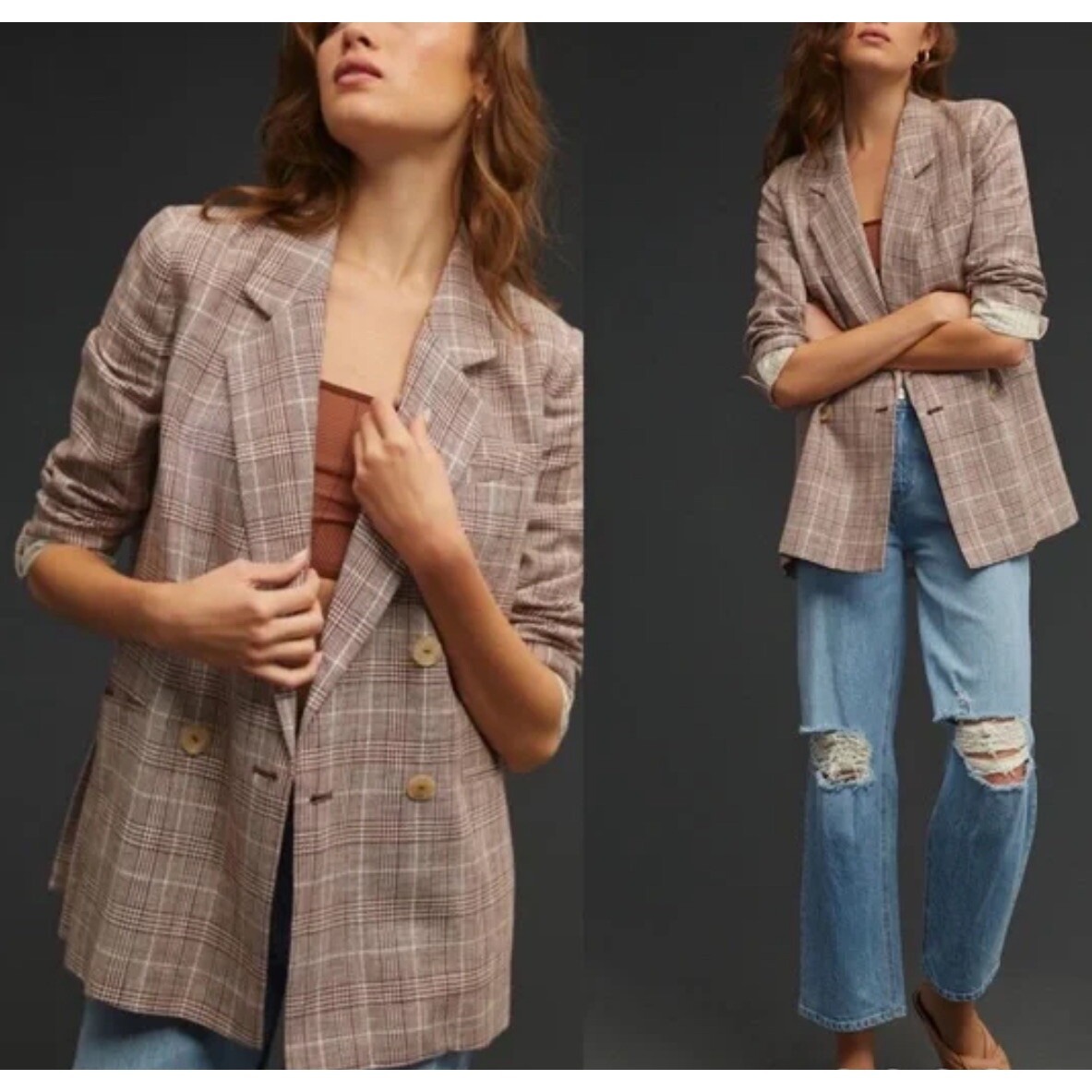 Nwt Anthropologie Maeve Brown Double Breast Linen Blend Boho Blazer Jacket Sz 14